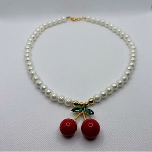 Handmade White Pearl and Red Cherry Necklace